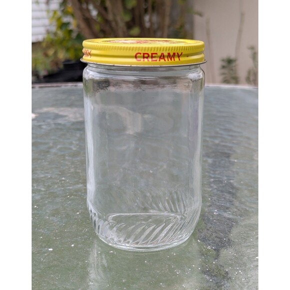 VTG Peter Pan Glass Peanut Butter Jars 80s Matching Creamy Crunchy Retro Yellow - Picture 2 of 9